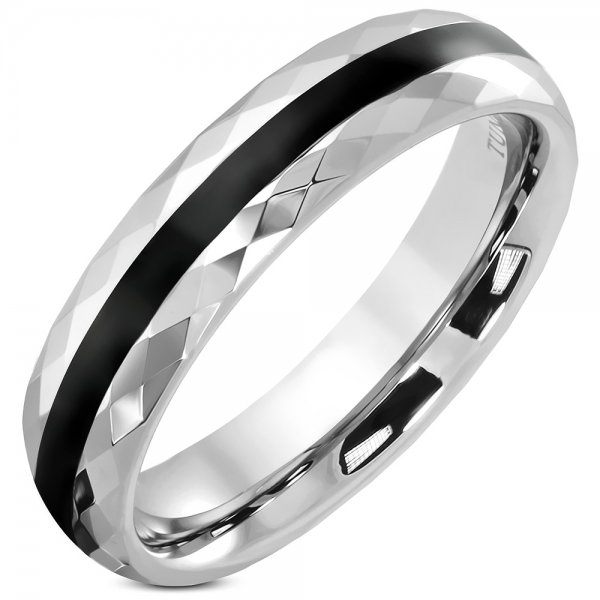 Inel din tungsten multifatet cu dunga neagra [1]